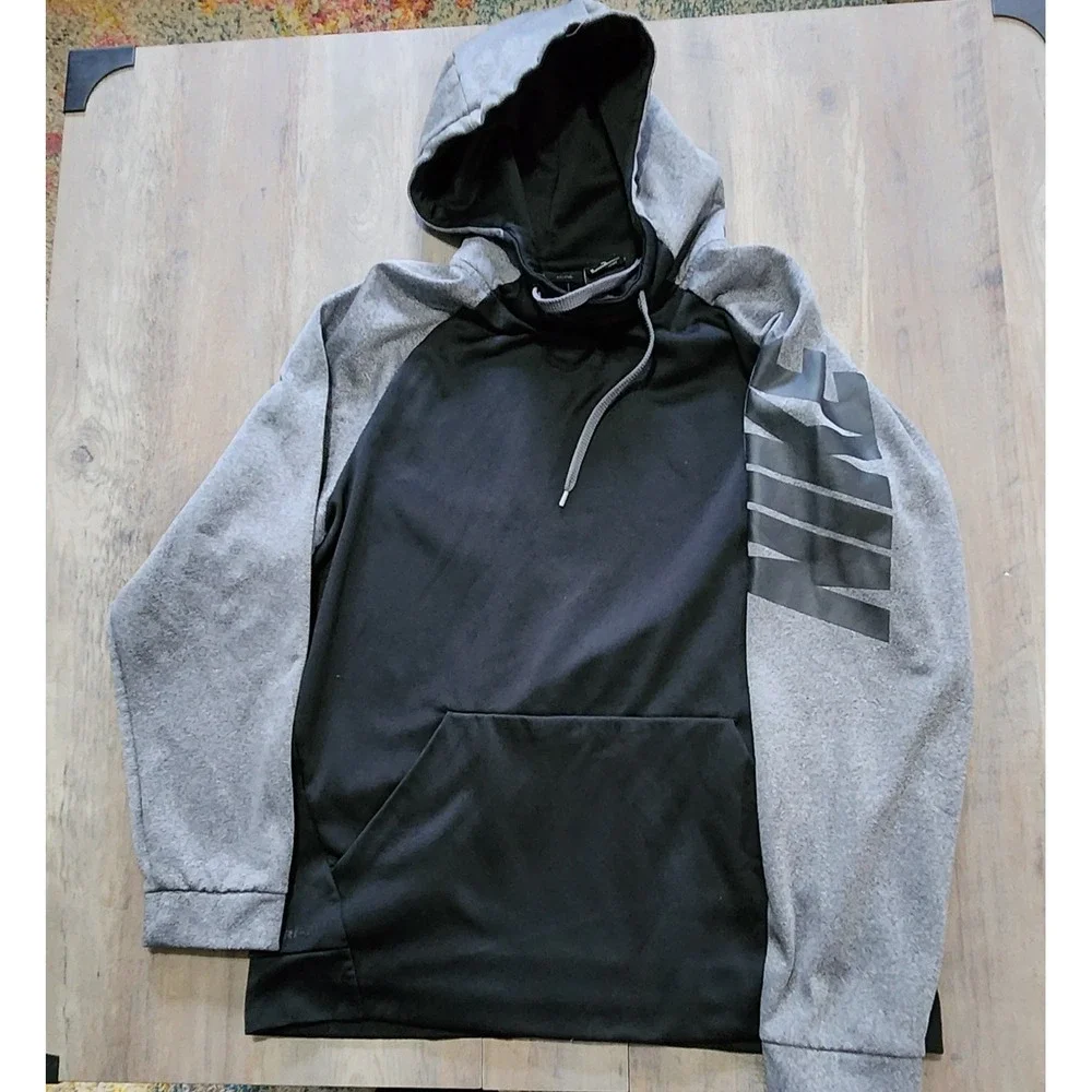 Nike Dri-fit Pullover Black Hoodie With Gray Logo Sleeves Mens M